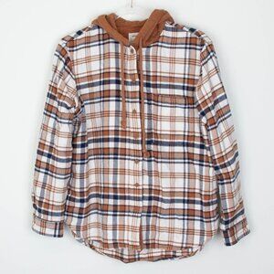 American Eagle Womens Plaid Boyfriend Style‎ Flannel Shirt Size S Brown Hoodie